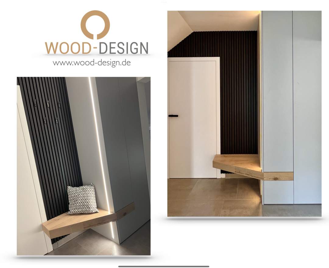 WOOD-DESIGN - Moderne Garderobe optional mit Akustik-Paneelen und LED-Lichtband