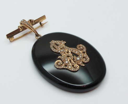 Juwelen Galerie - Antike Brosche Gold 585, Onyx, Perlen