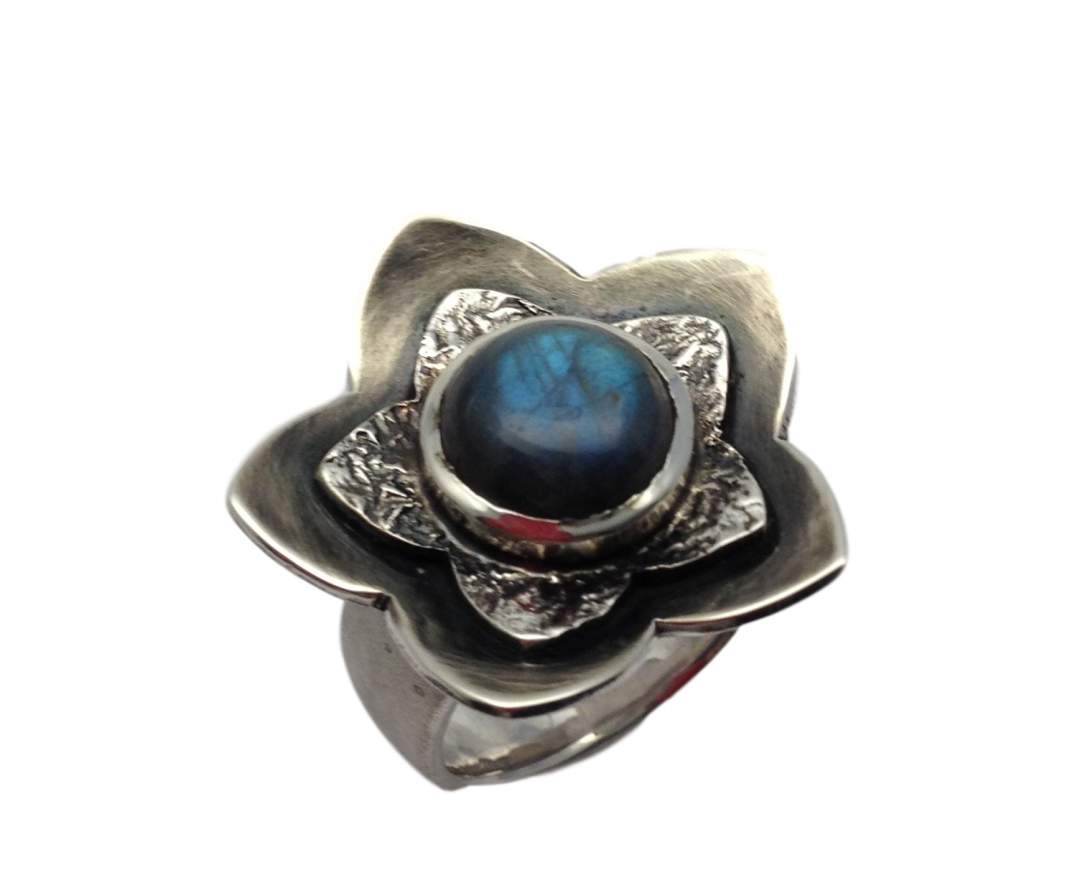  - Silber Blüten Ring mit Labradorith