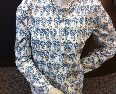 Max Volmary - Damen Bluse blau weiss gemustert