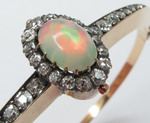 Juwelen Galerie Antiker Armreif Gold 585, Diamanten, Opal