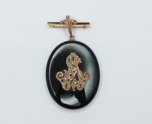 Juwelen Galerie - Antike Brosche Gold 585, Onyx, Perlen