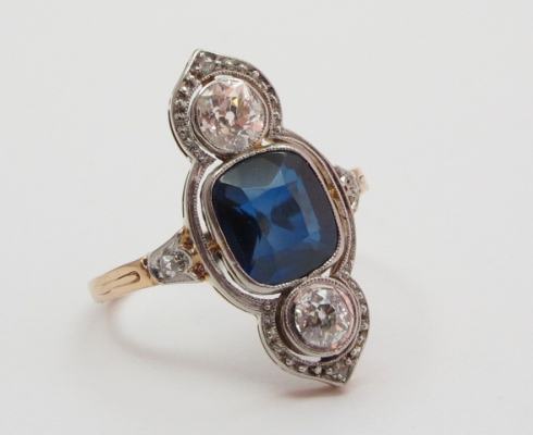 Juwelen Galerie Antiker Ring Gold 585, Diamanten, Safir