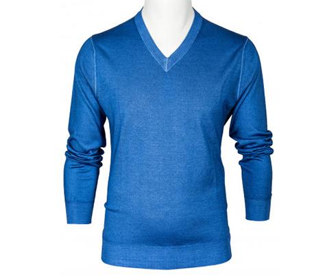 Fedeli V-Kragenpullover in blau aus Kaschmir / Seide