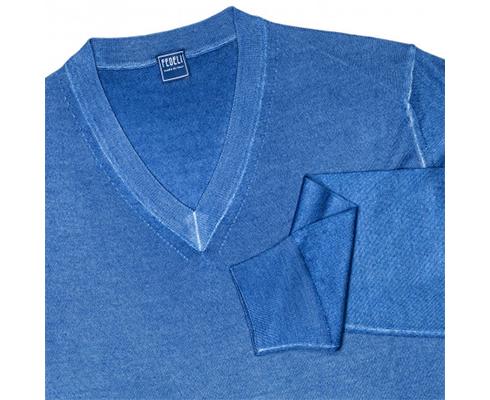 Fedeli - V-Kragenpullover in blau aus Kaschmir / Seide