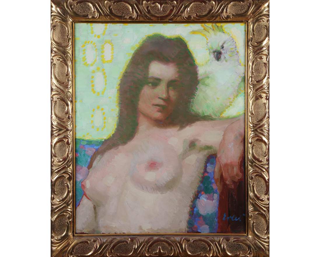 Fritz Erler (1868-1940) Brustbild einer jungen Dame mit Kakadu Fritz Erler (1868-1940) Brustbild einer jungen Dame mit Kakadu