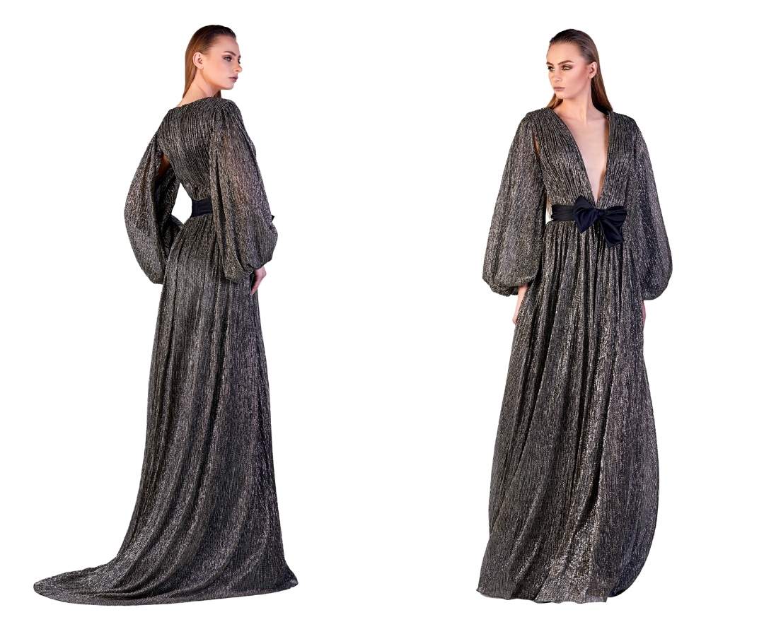 Gattinolli Couture Abendkleid lang mit Ärmeln schwarz - gold