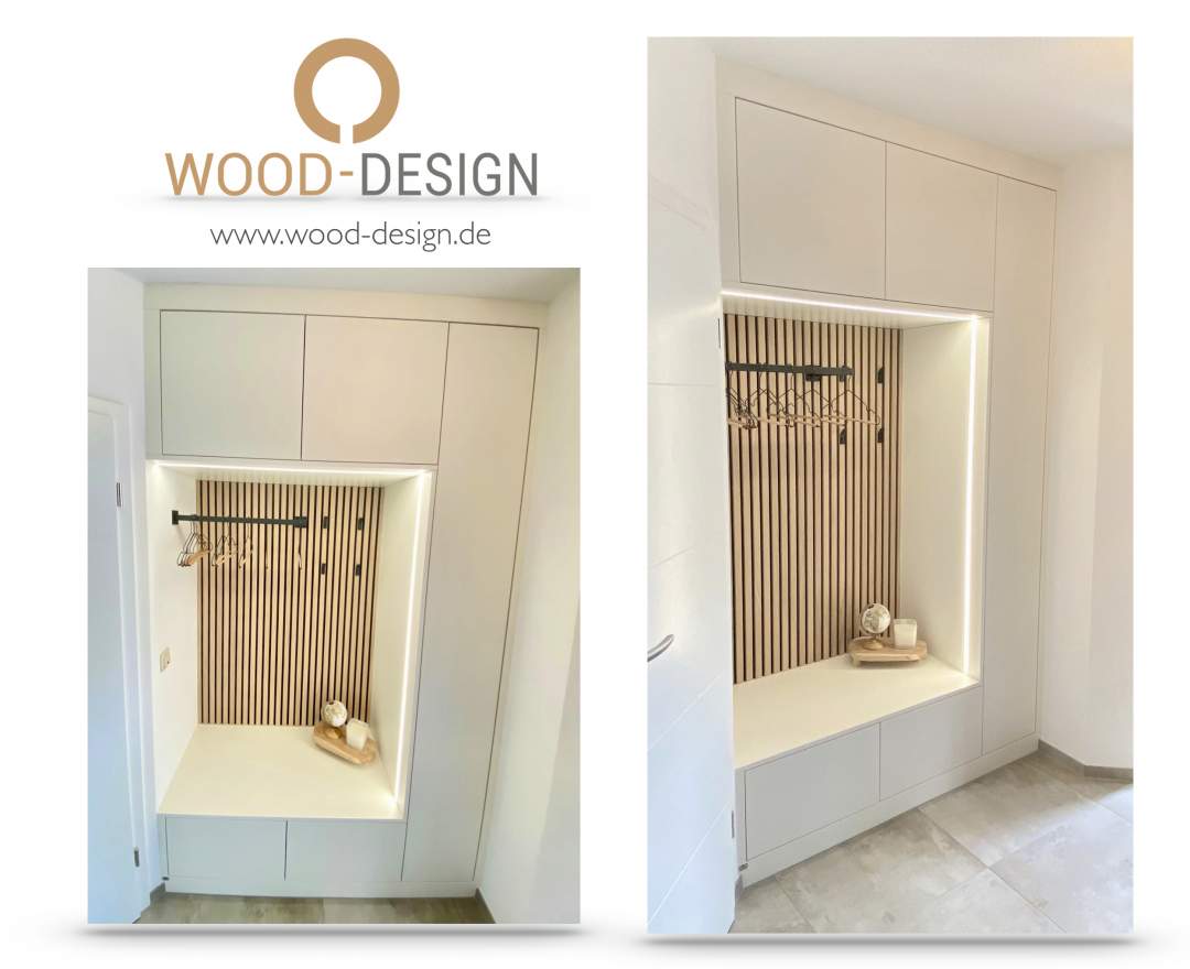 WOOD-DESIGN - Moderne Garderobe optional mit Akustik-Paneelen und LED-Lichtband