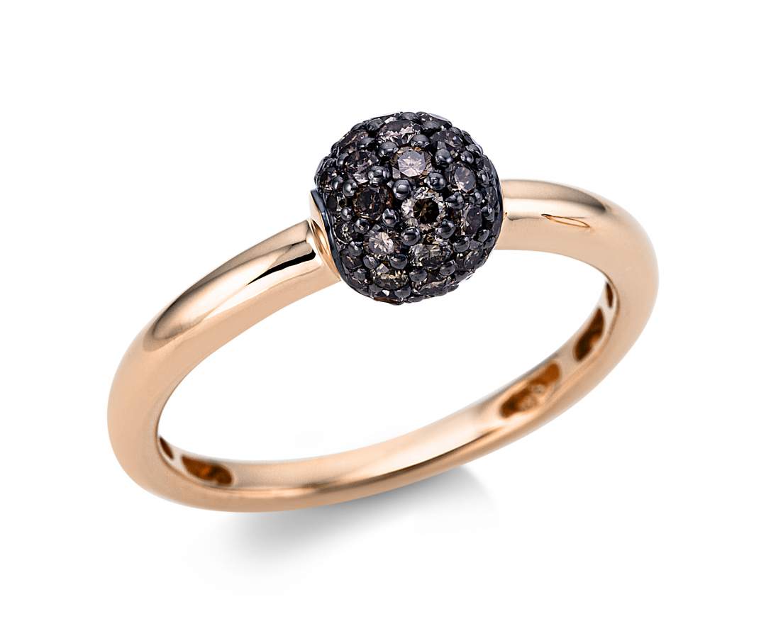 Linschmann - Moderner Kugel Schmuckring 750/- Rotgold , Weite 54, 39 Brill. 0,49 ct Braun, Schwarz Rhodiniert