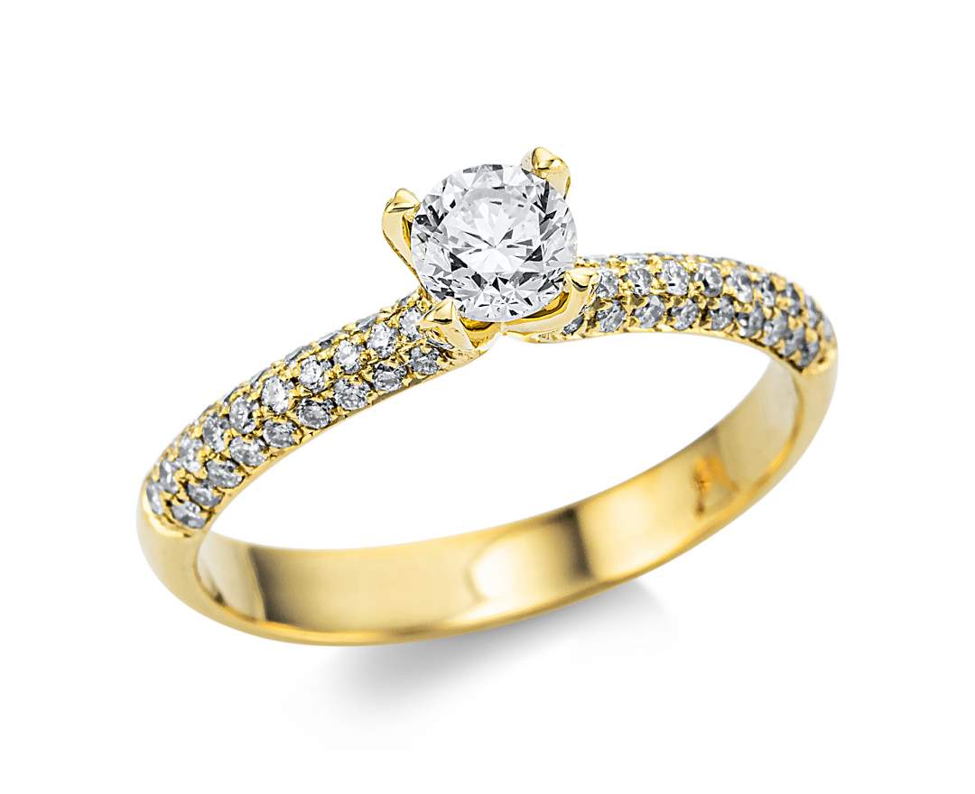 Linschmann - Solitärring 750/- Gelbgold, Weite 55, 1 Brillanten 0,40 ct TW/si mit Seitenbesatz 72 Brillanten 0,31 ct TW/si IGI 519252432