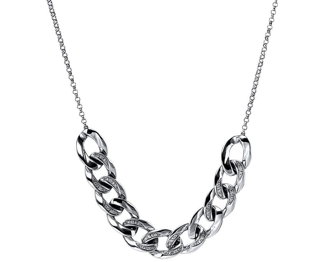 Linschmann 585/- Weißgold Collier mit 28 Brillanten TW/si gesamt 0,08 ct. Erbskette mit Panzermuster Vorderseite Länge 45,7cm