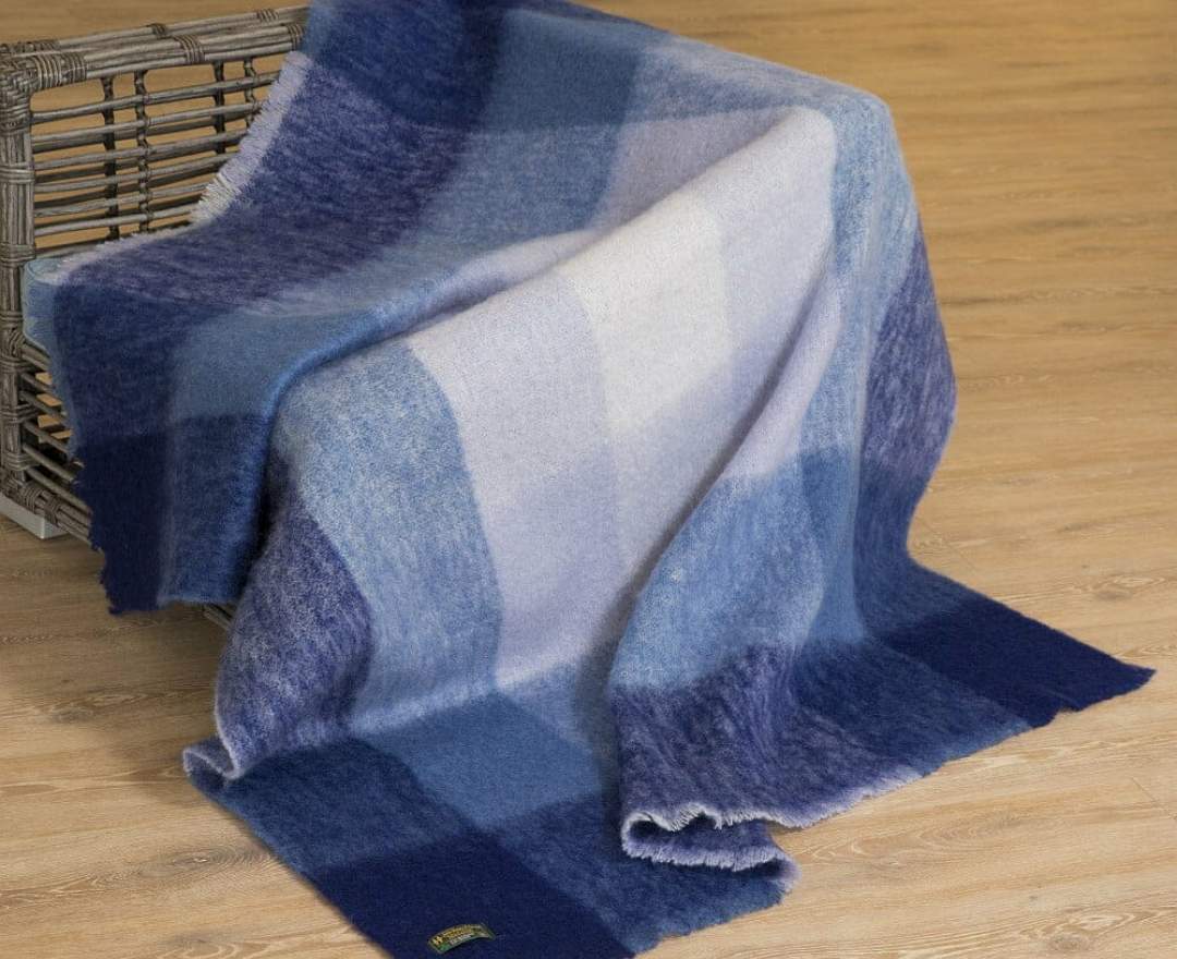 Decke Wolle/ Mohair - Blue Mix Block Check