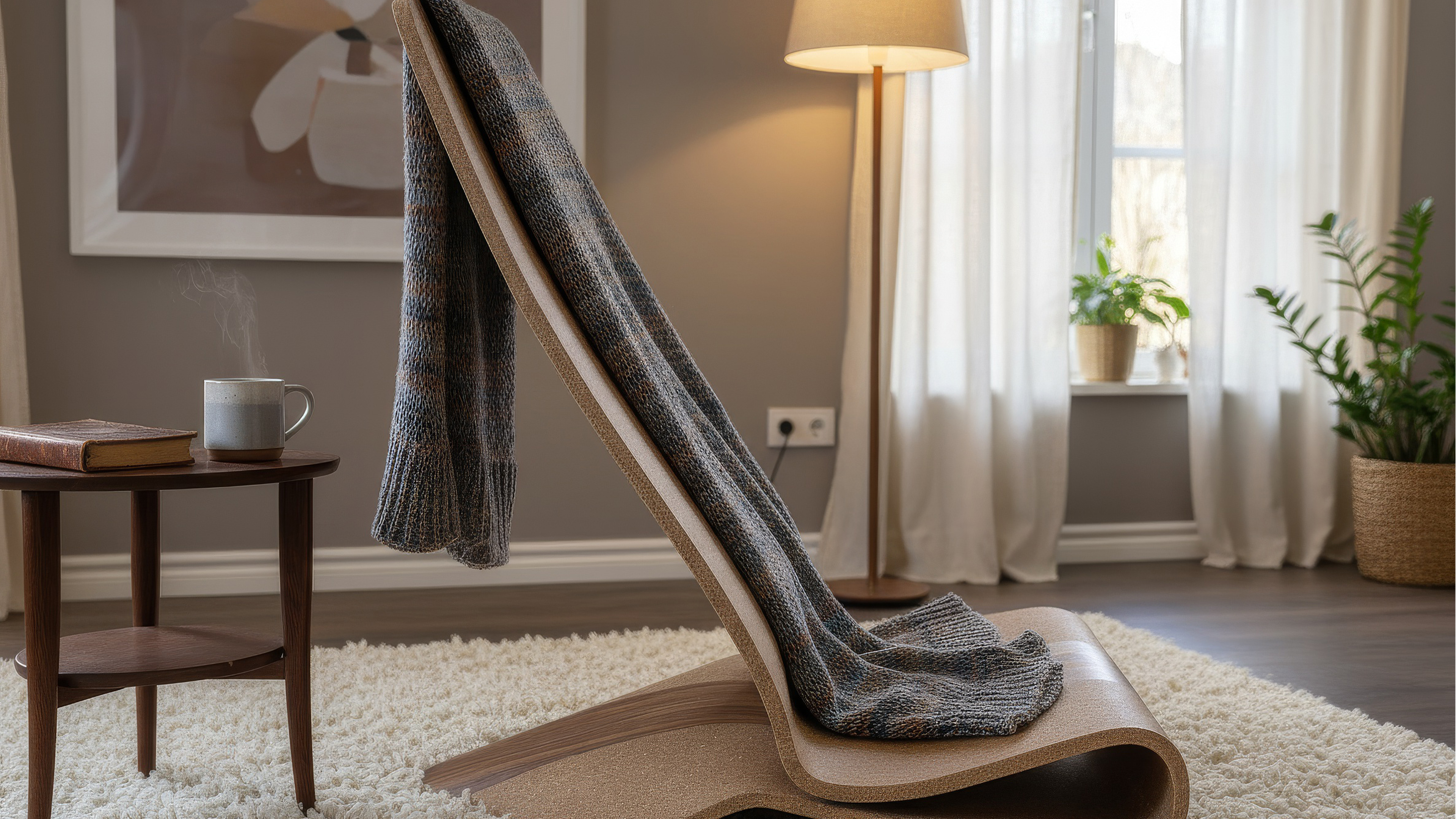 Designer-Stuhl oder Designer Sessel aus Holz auf Teppich