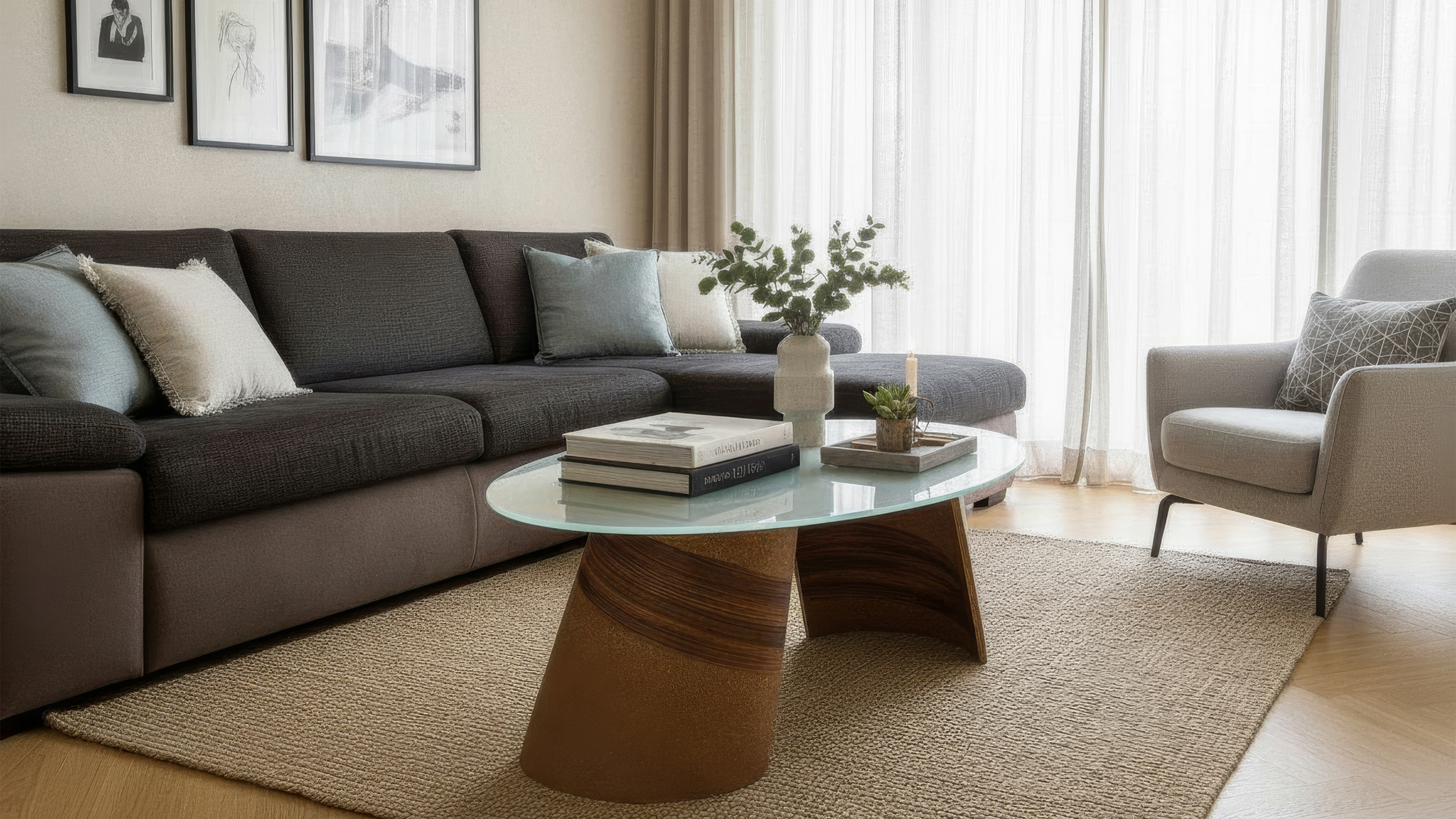 Wohnzimmer Ansicht mit Couch, Sessel und Couchtisch aus Holz
