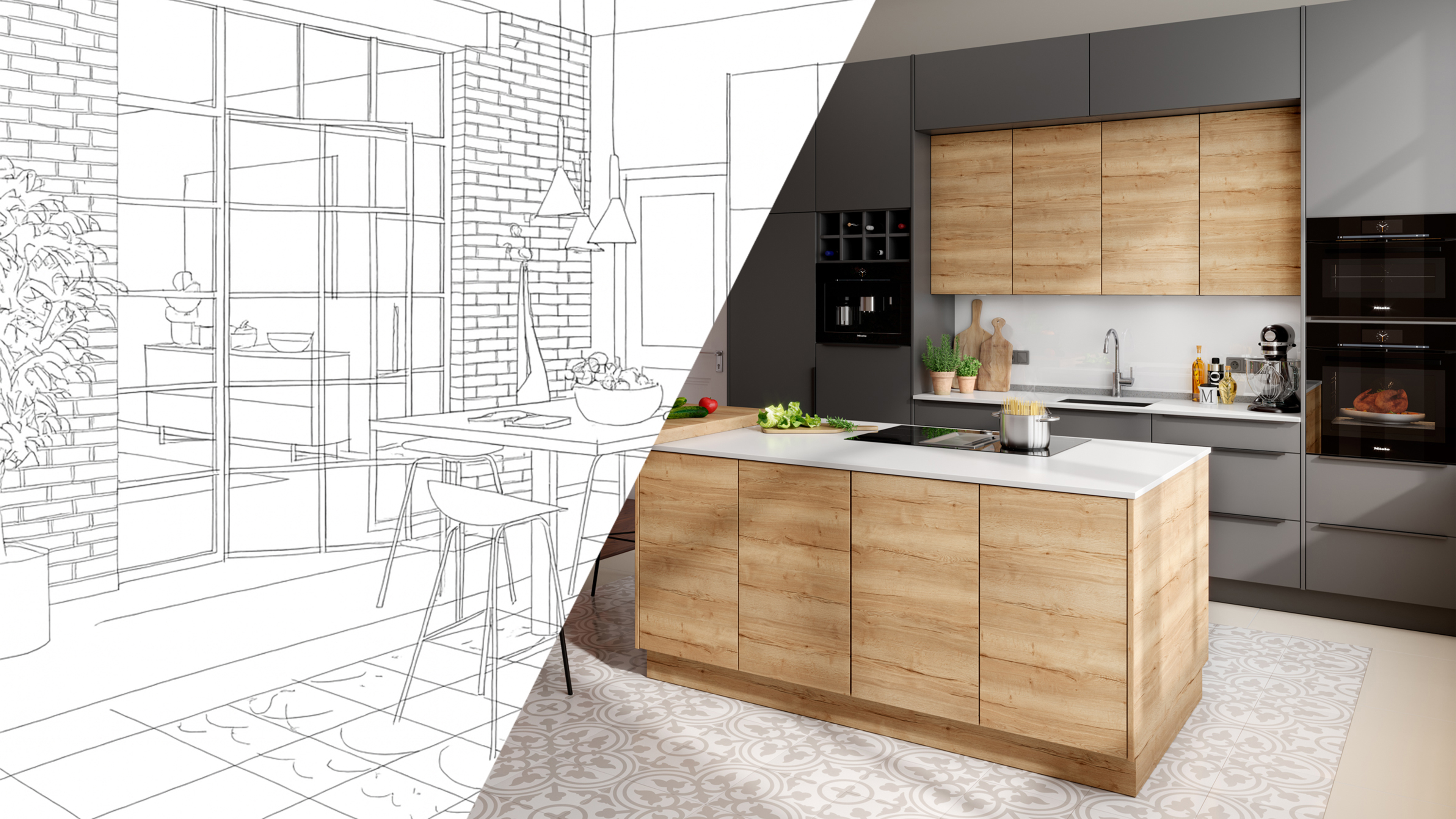 Auf der linken H&auml;lfte ist eine 3D-Skizze einer K&uuml;che zu sehen und auf der rechten H&auml;lfte die fertige K&uuml;che