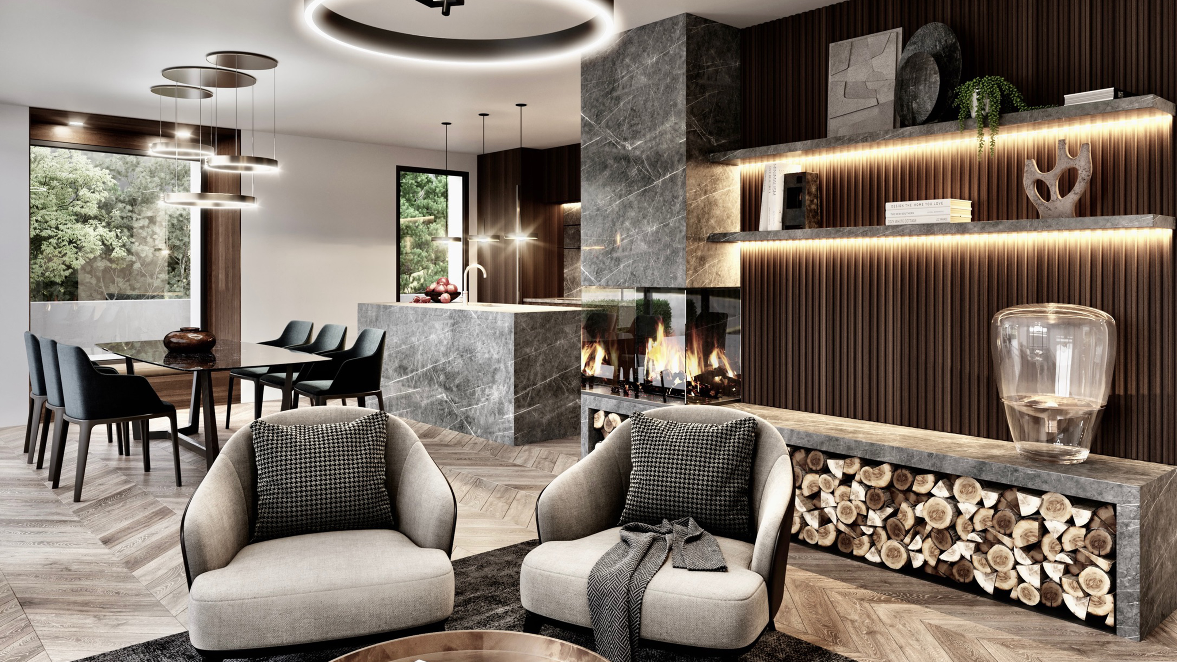 Raum mit Kamin, zwei Sesseln, Esstisch und Holz