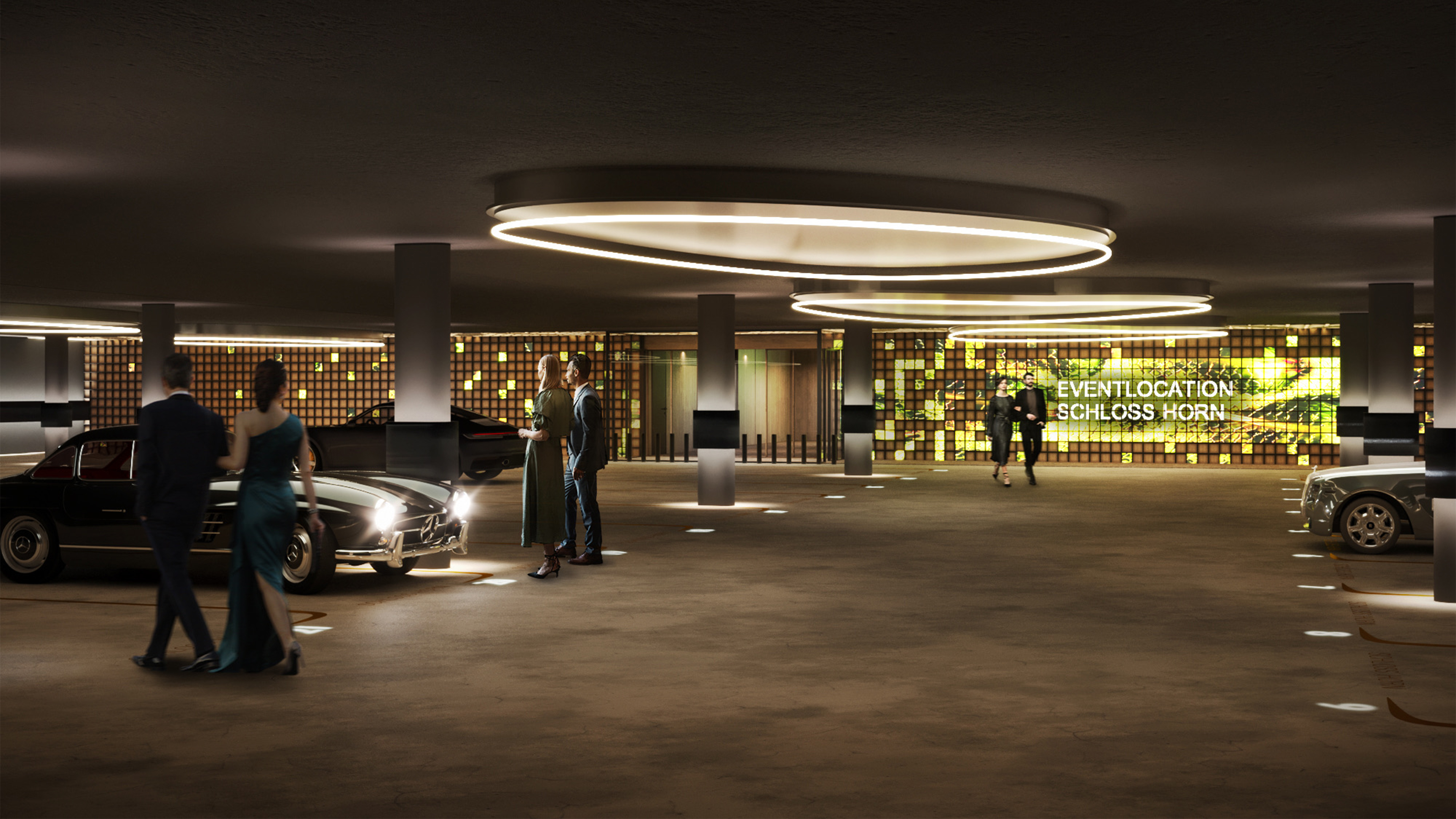 Parkhaus mit ein paar Autos und schick angezogenen Menschen