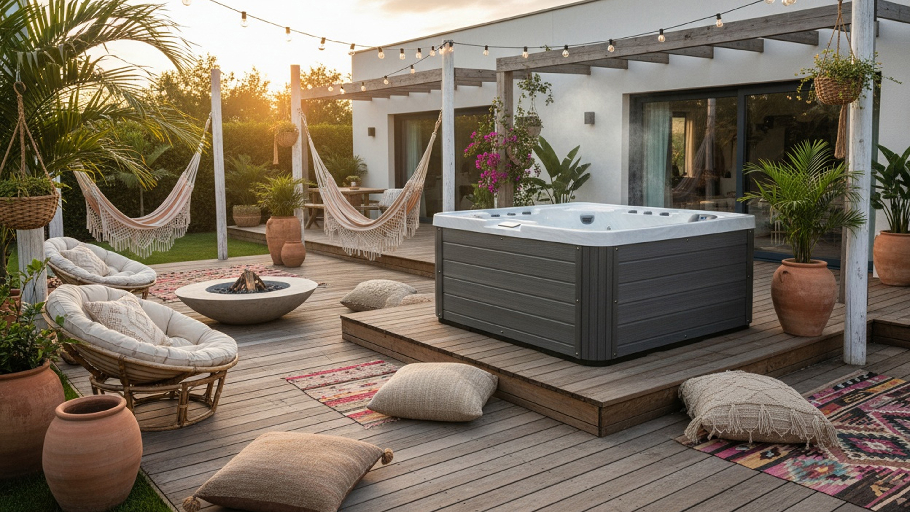 Grauer Whirlpool auf Holzterrasse im Boho Style