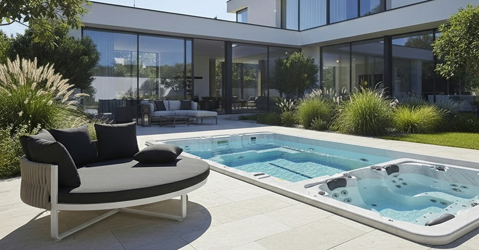 SwimSpa im Garten mit Gartenlounge