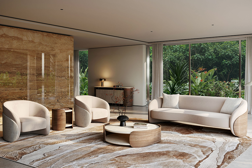 Wohnzimmer mit Marmorwänden und Sesseln 