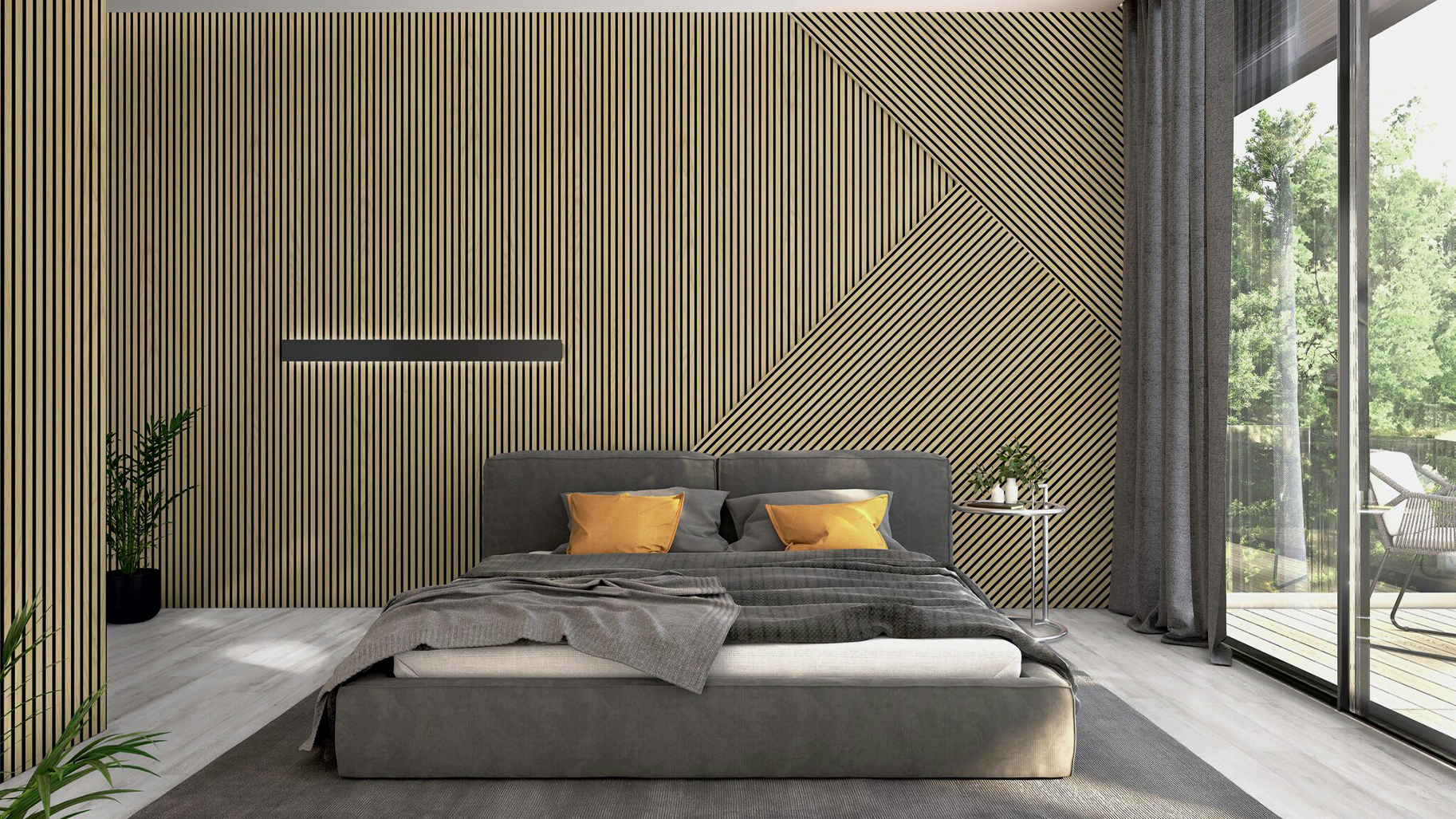 Heller Boden in Eichenoptik und Akustik-Holzwand in einem modernen Schlafzimmer