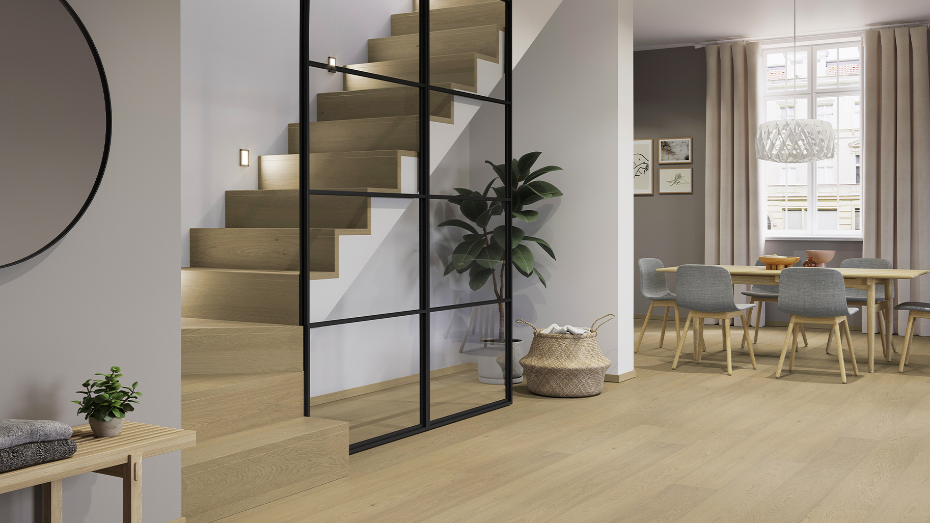Heller Eichenboden verbindet einen modernen Wohnbereich mit einer offenen Holztreppe