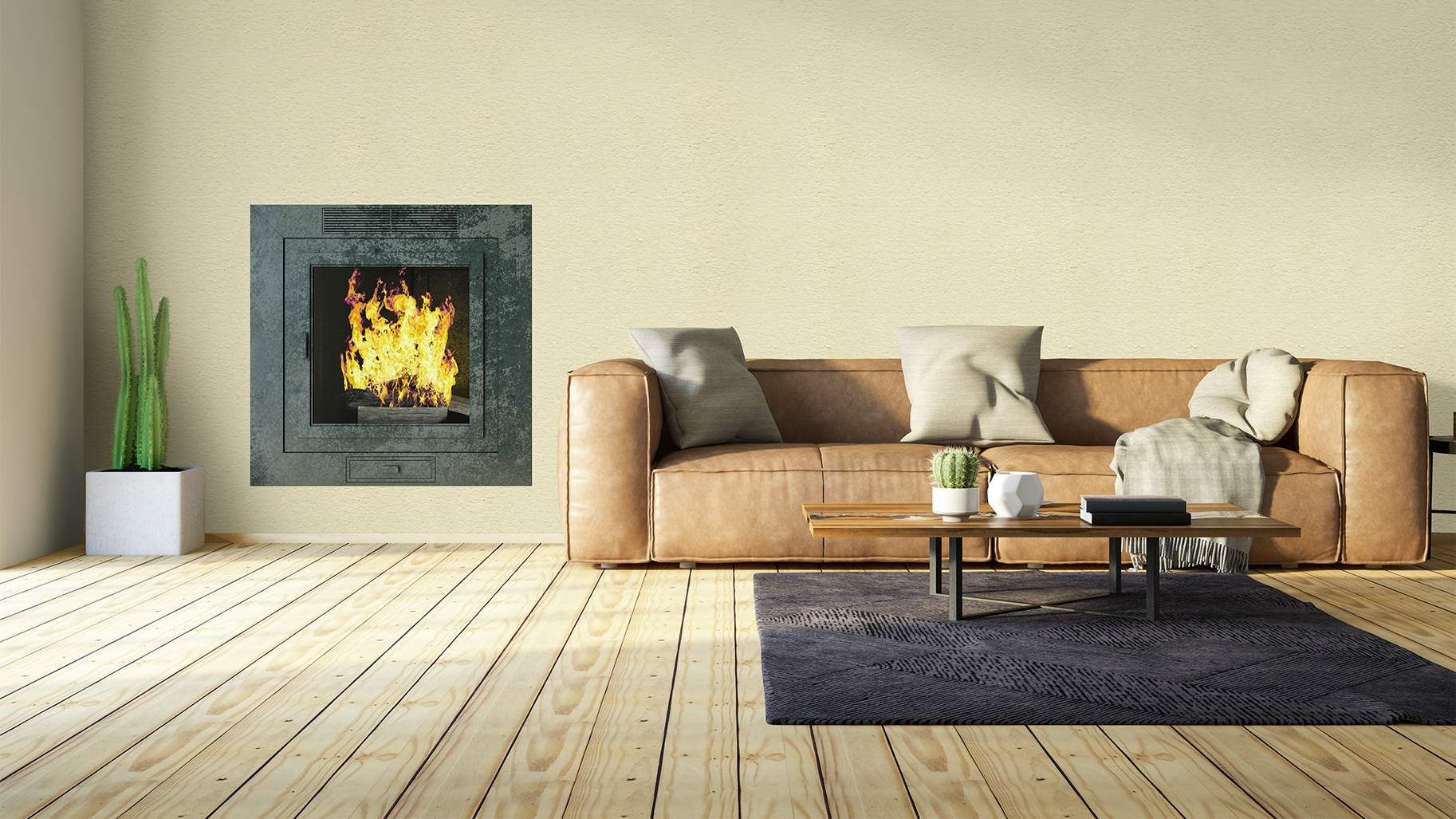 Natürlicher Holzboden schafft eine warme Wohnatmosphäre vor Sofa und Kamin