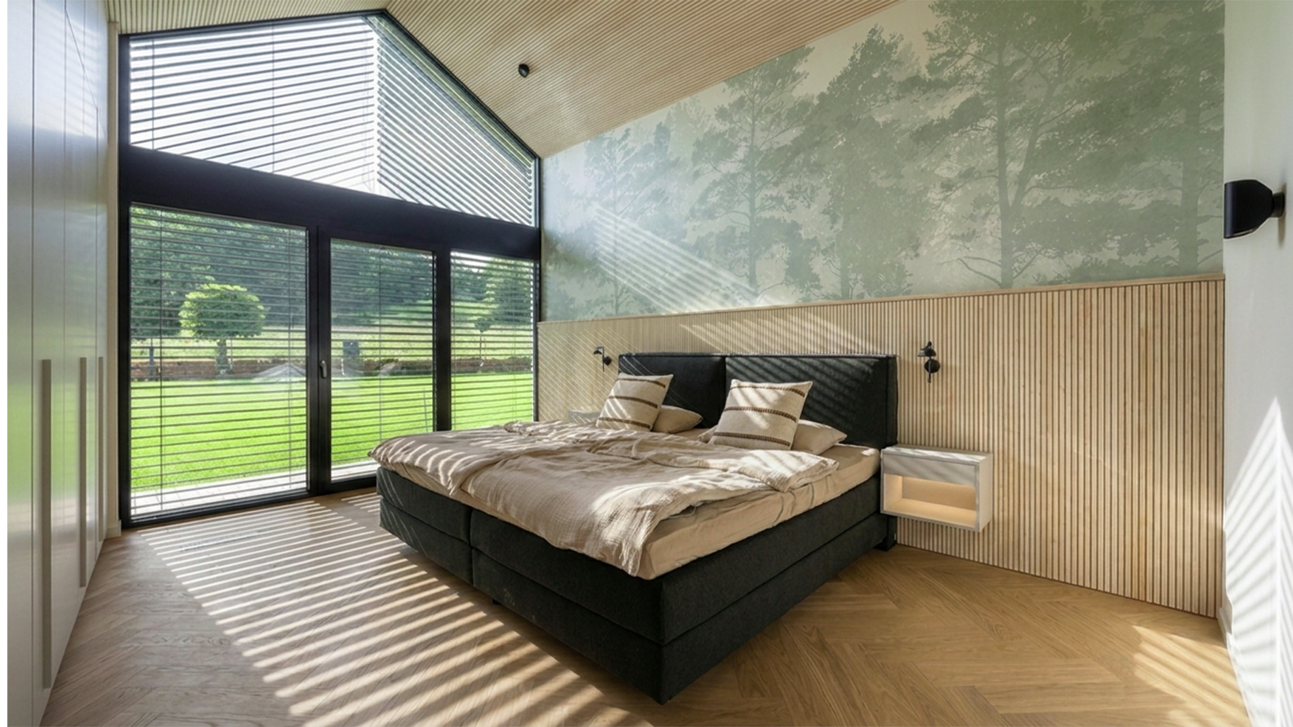 Schlafzimmer mit Holzlamellen, Textilien und integrierter Beleuchtung als abgestimmtes Innenarchitekturkonzept