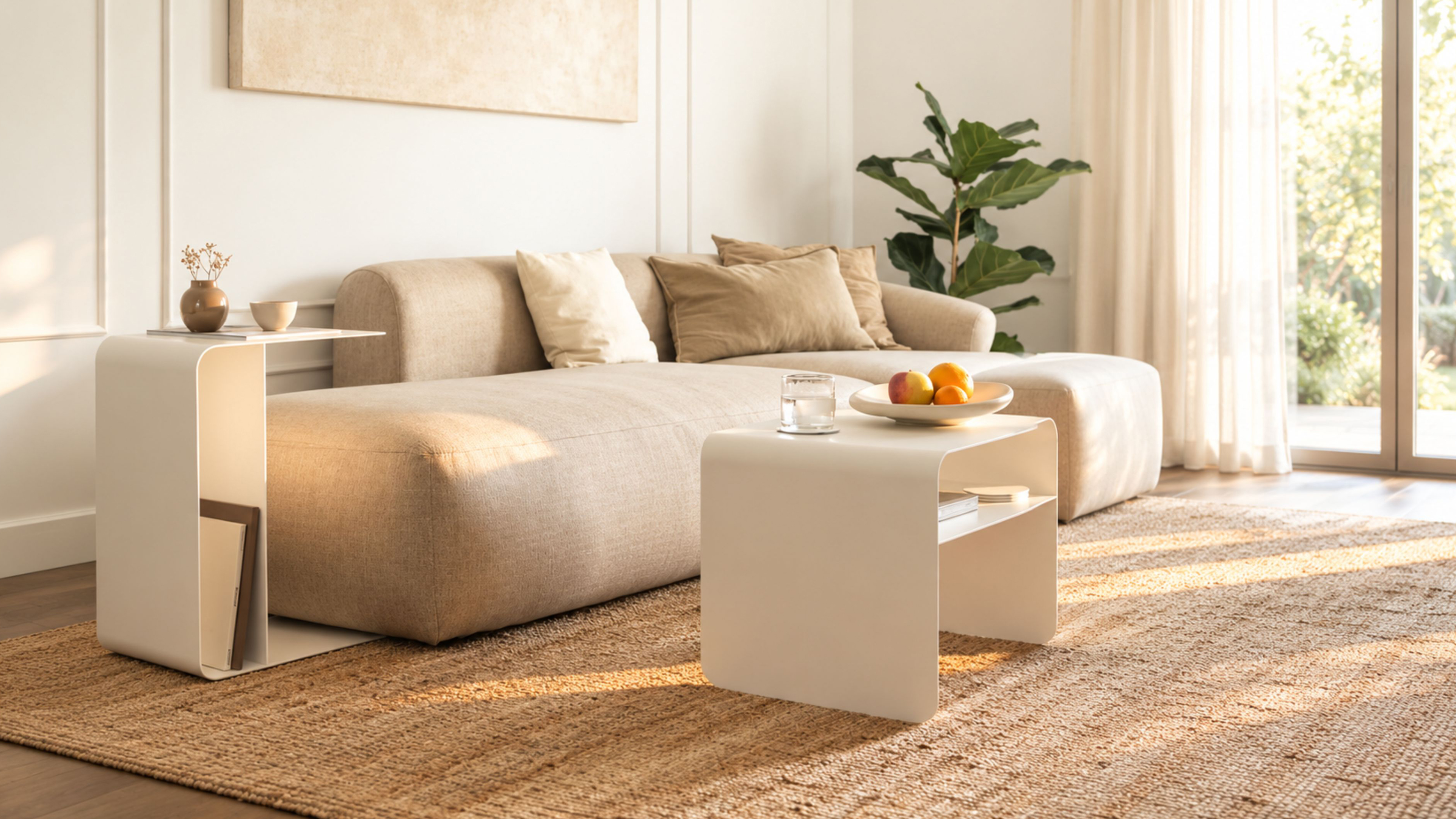 Helles Sofa mit hellen Stahlmöbeln von Jansora