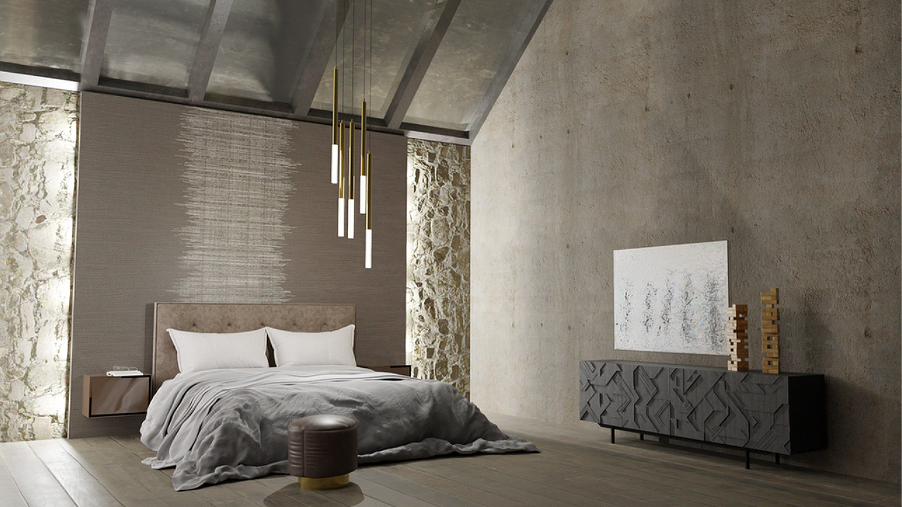 Modernes Schlafzimmer mit Designerbett, Pendelleuchten und hochwertigen Materialien &ndash; stilvolles Interior Design f&uuml;r ruhige Wohnatmosph&auml;re