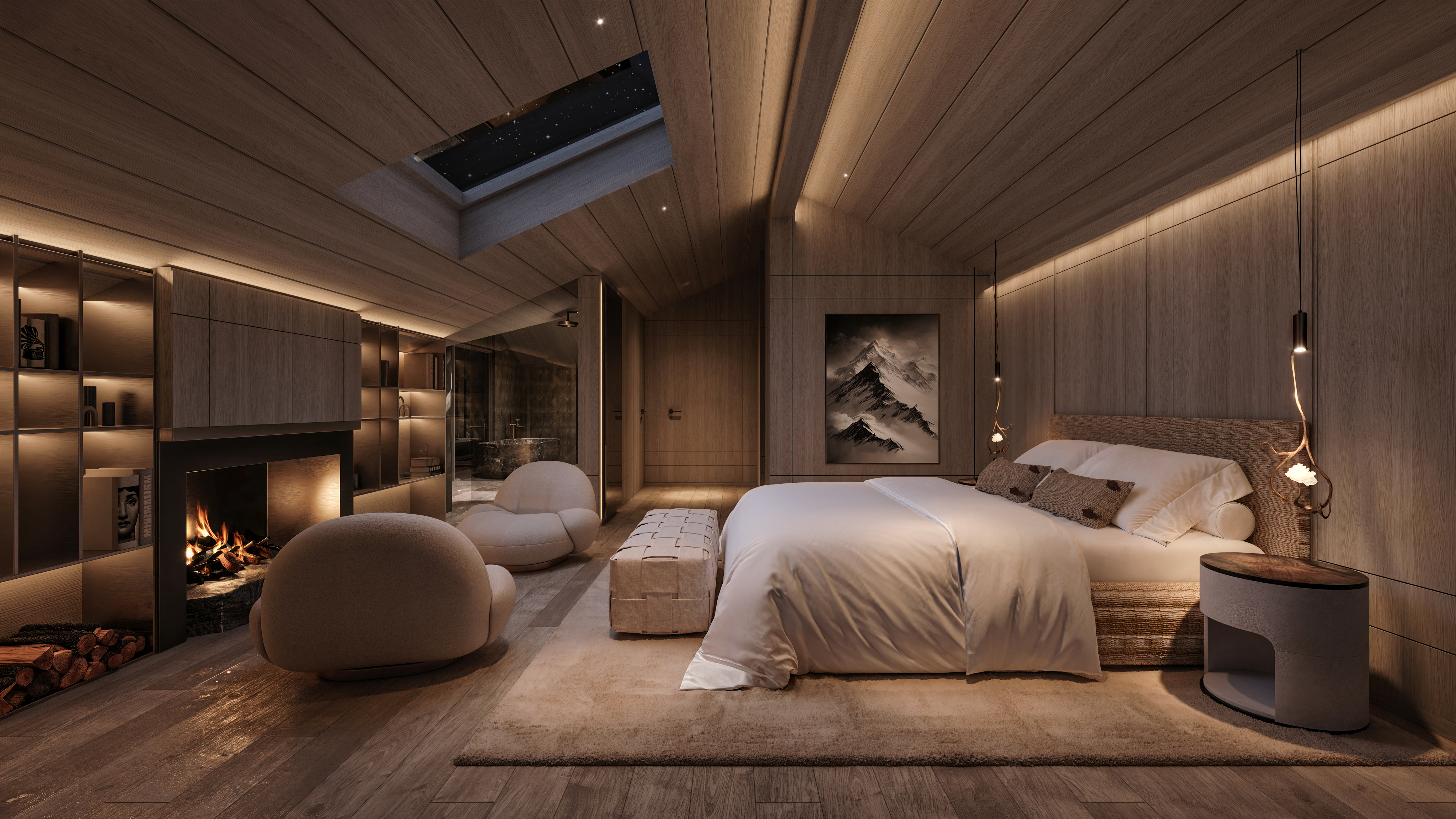 Gro&szlig;es Schlafzimmer mit einem Kamin & Sessel davor