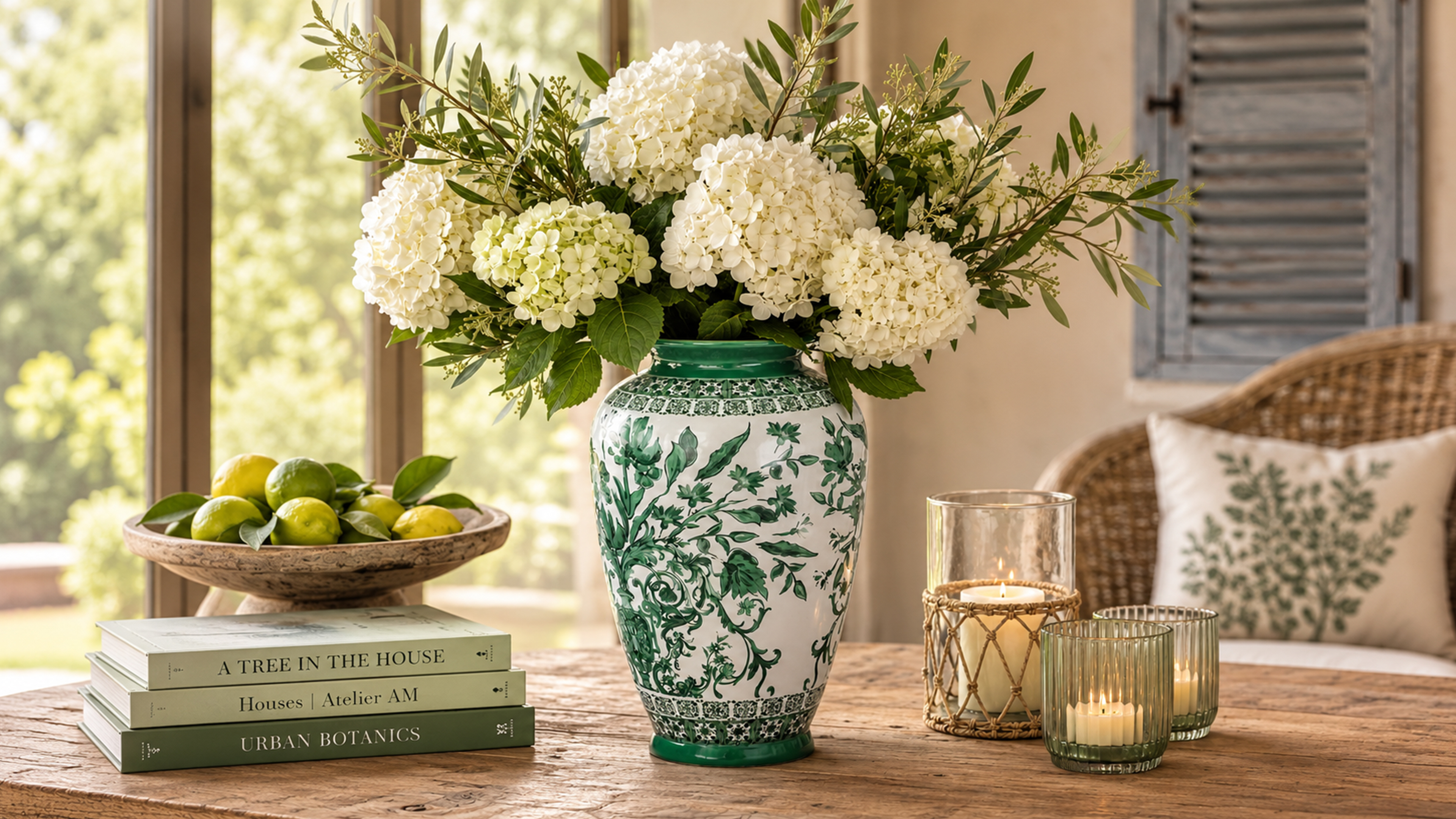 Vase mit grünen Blumen drauf mit weißen Hortensien