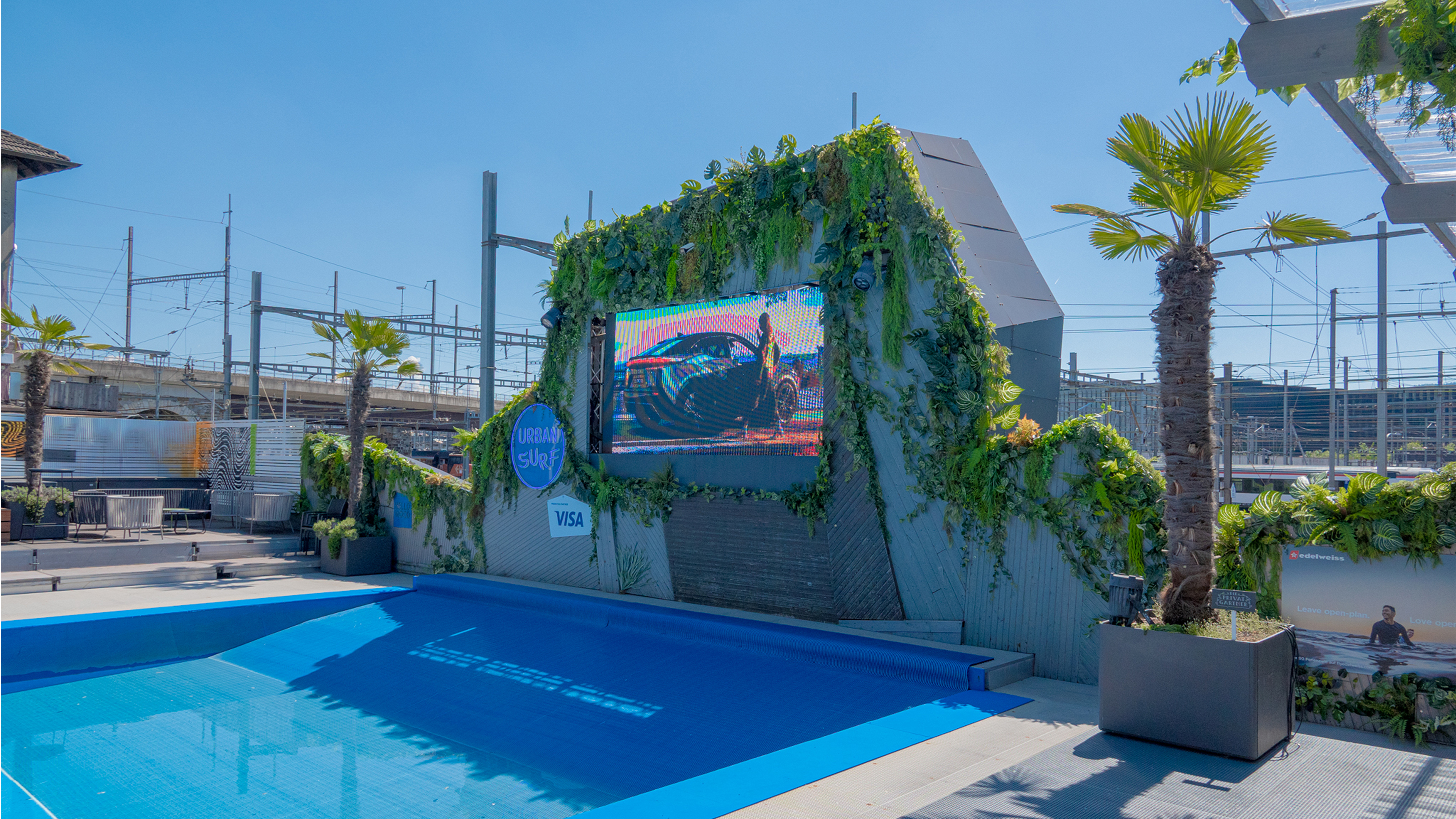 Zierpflanzen und Palmen am Pool