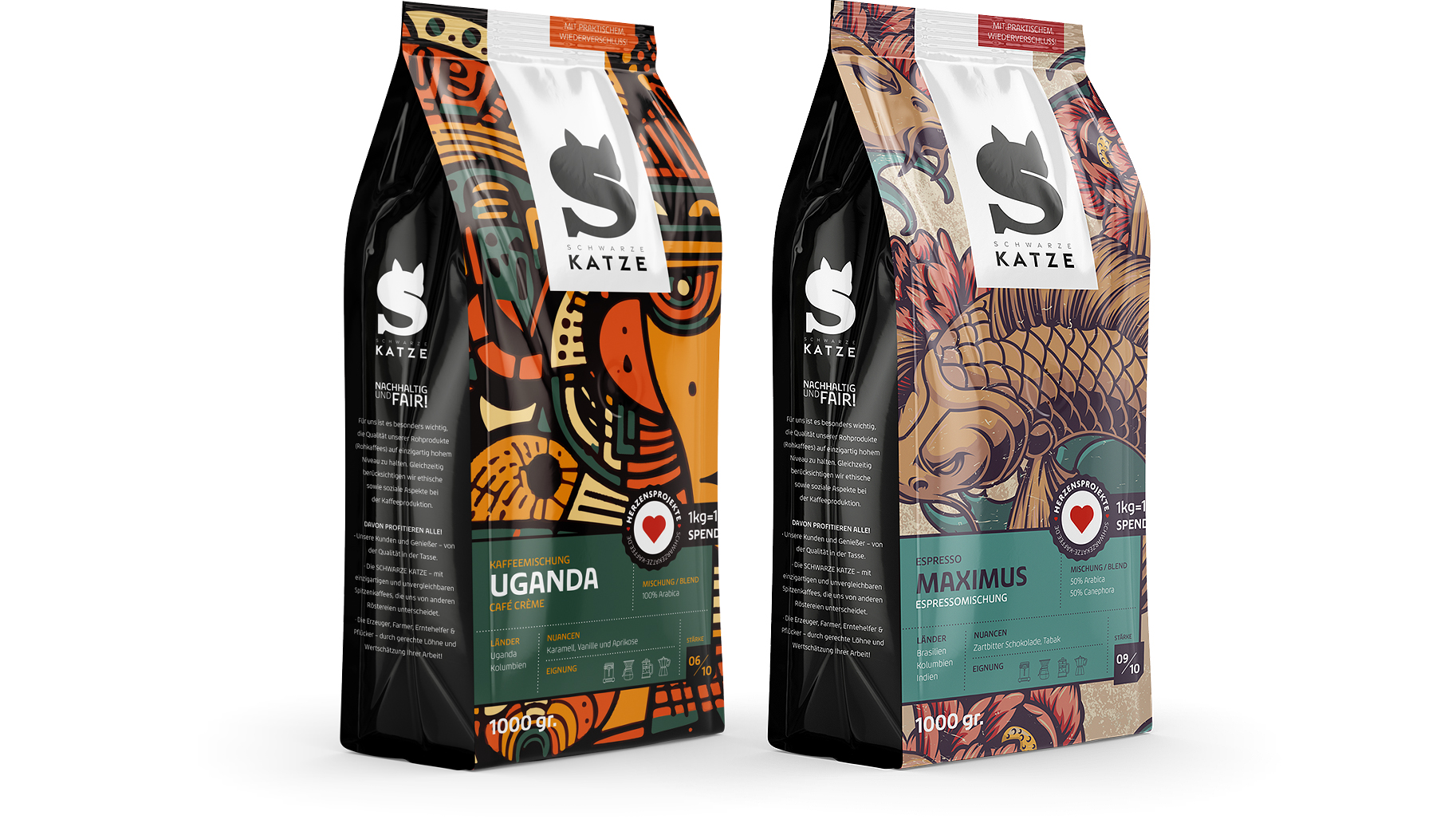 Detailansicht der Espresso Maximus und Cafe Crema Uganda Verpackung von Schwarze Katze Kaffee