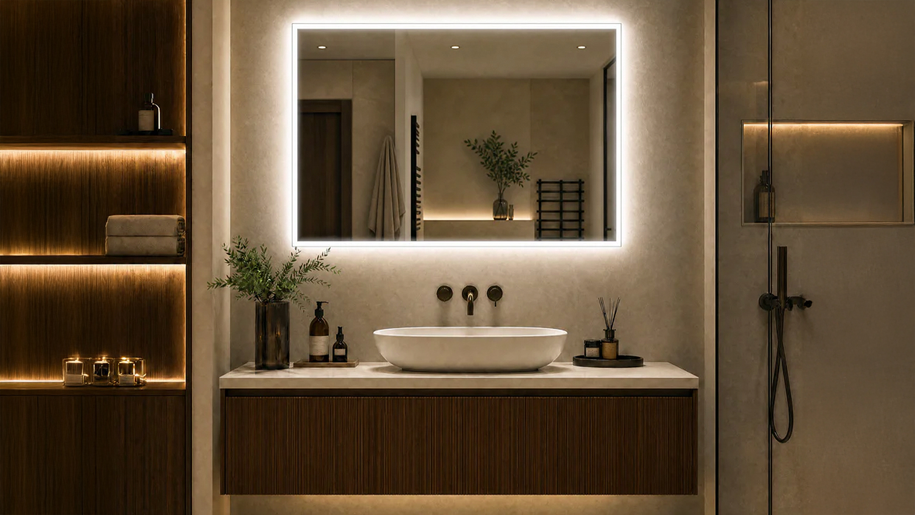Design-Badezimmerspiegel mit indirekter LED-Beleuchtung als Highlight in einem luxuriösen Badezimmer