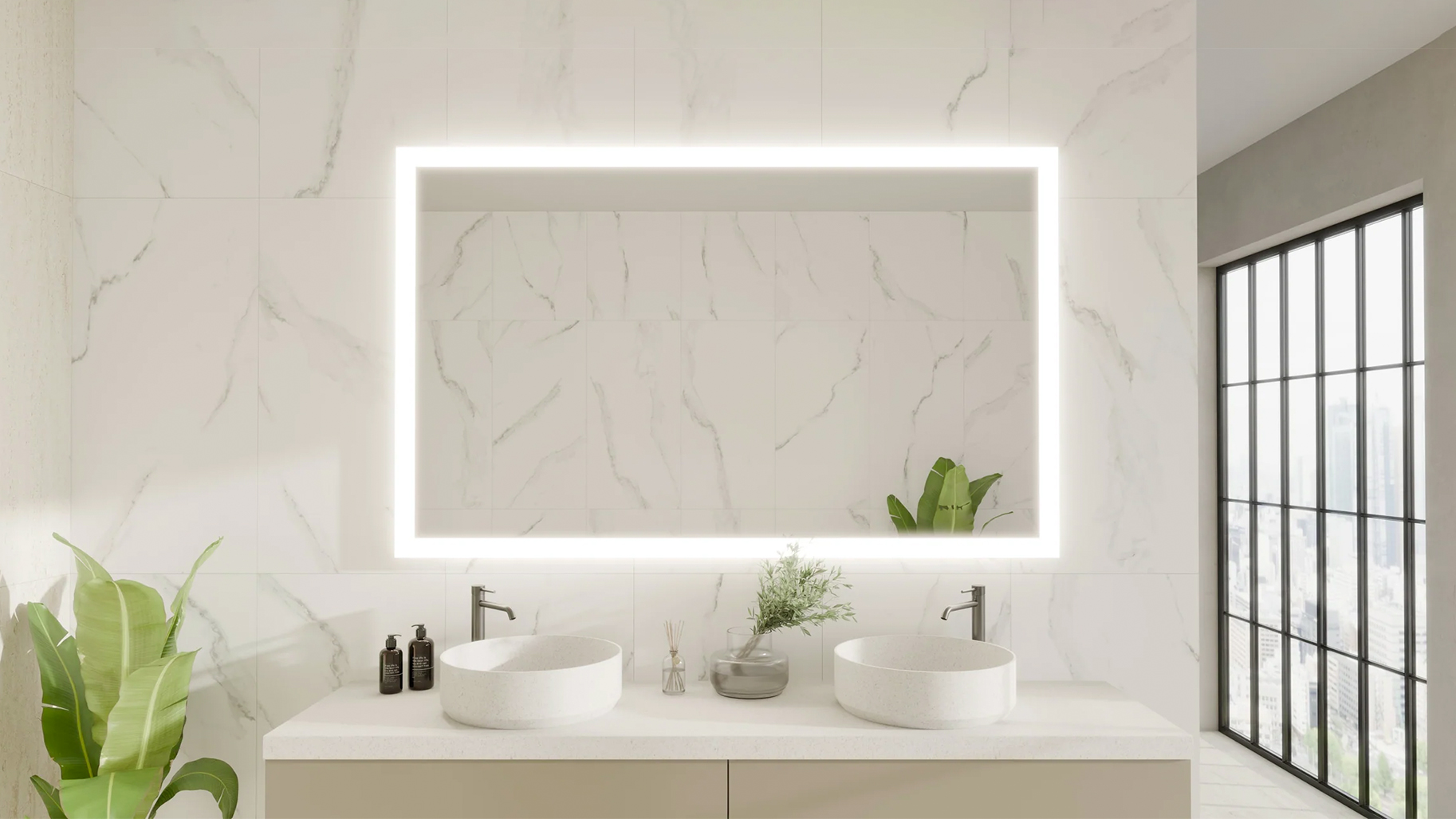 Moderner Smart Mirror im Badezimmer mit LED-Licht, Doppelwaschtisch und heller Raumwirkung