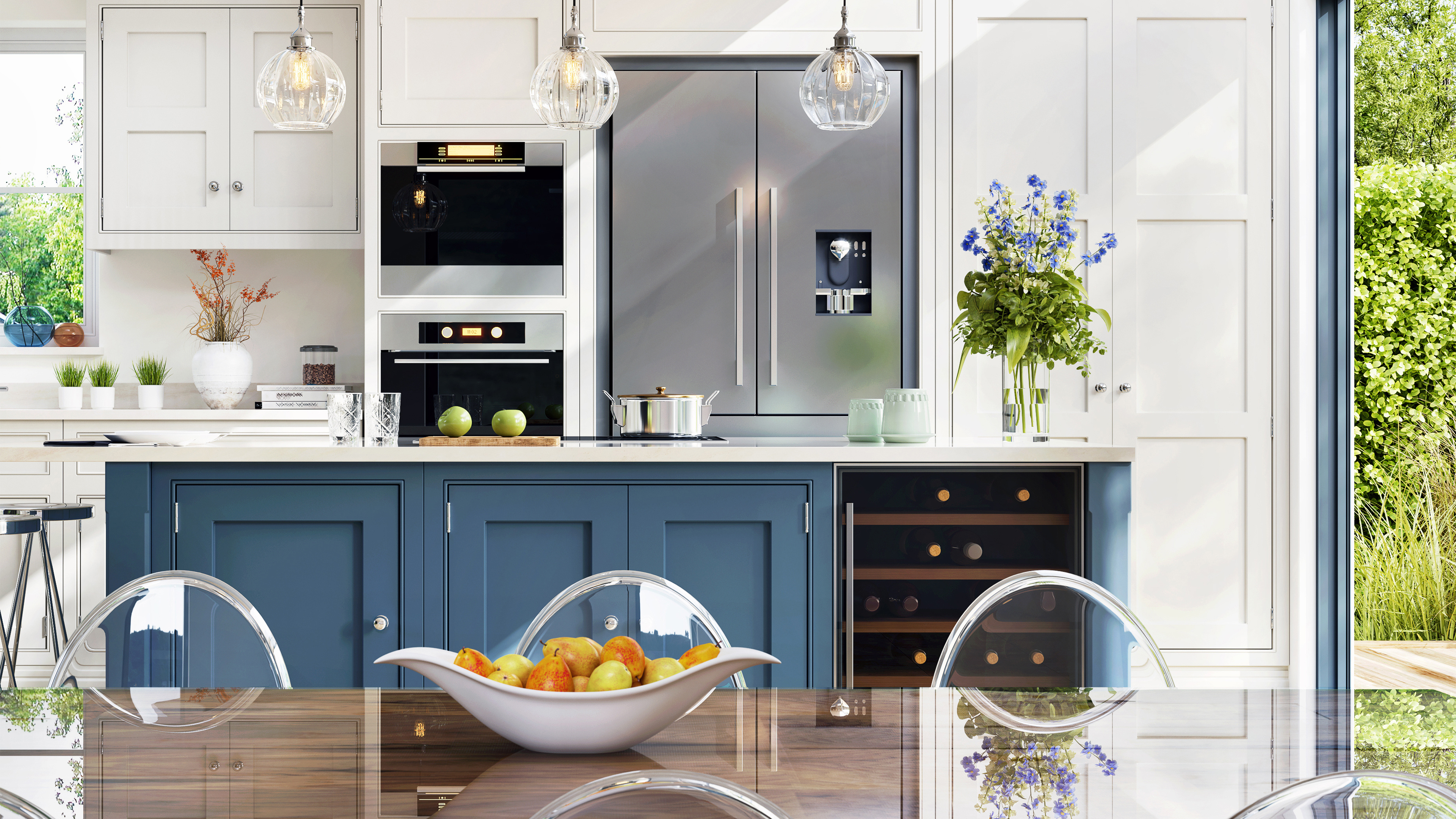 K&uuml;chenzeile mit blauer K&uuml;cheninsel