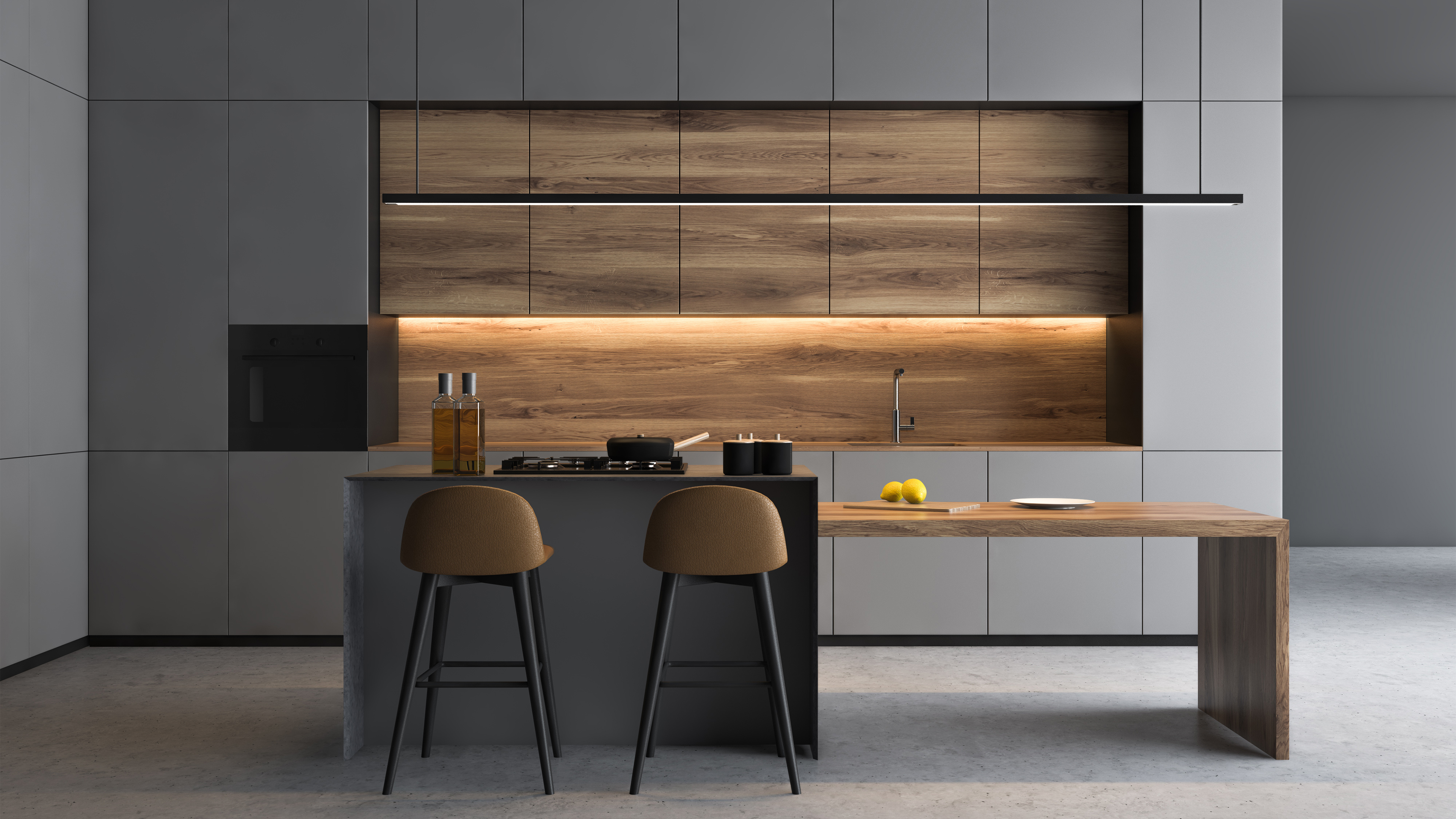 Graue K&uuml;che mit Holzdetails