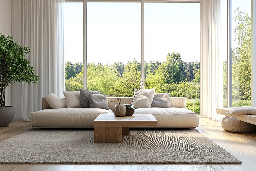 Wohnzimmer mit großen Fenstern und Naturblick