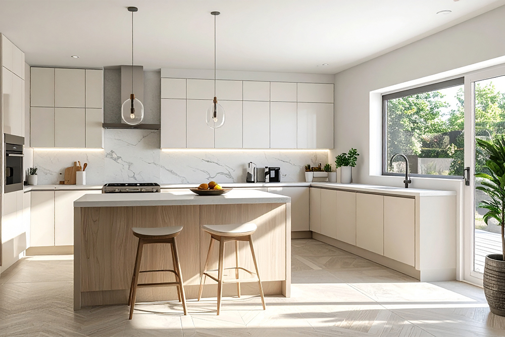 moderne zeitlose Küche in hellen Beige-Tönen