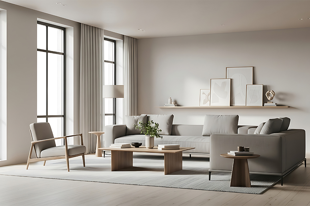 Wohnzimmer mit zeitlosen Möbeln und bodentiefen Fenstern