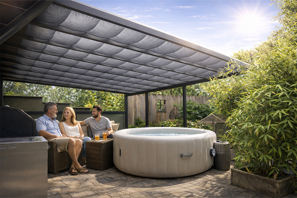 Drei Personen sitzen im Garten unter einer &Uuml;berdachung