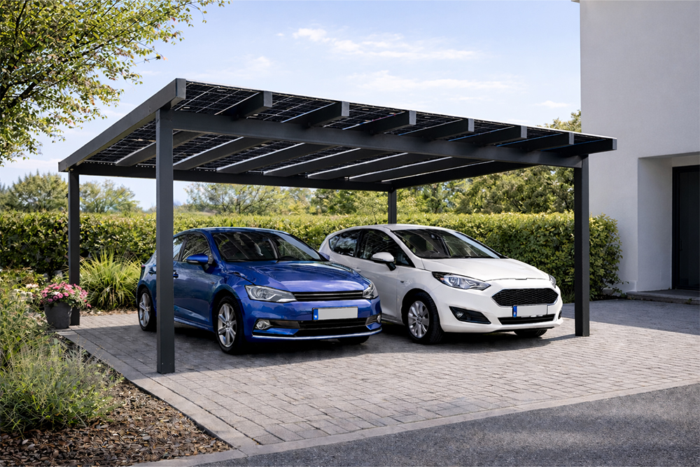 Zwei Autos, die unter einem Carport stehen