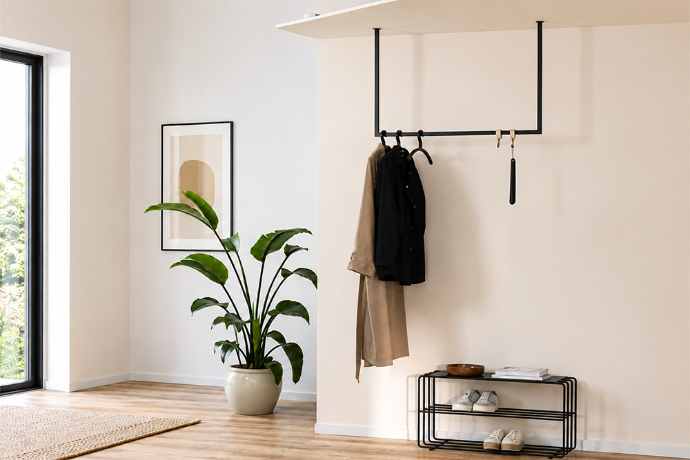 Garderobe mit Trenchcoat und dunkler Jacke vor heller Wand von Jansora