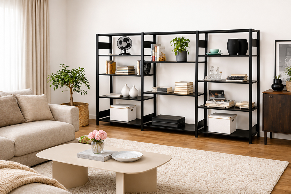 Großes Designregal von Jansora im Wohnzimmer mit kuratierten Objekten