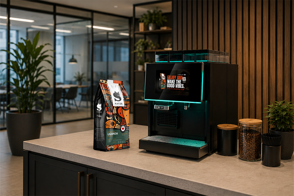 Barista NERO Kaffeevollautomat mit Schwarze Katze Kaffeebohnen auf einer Büroküche