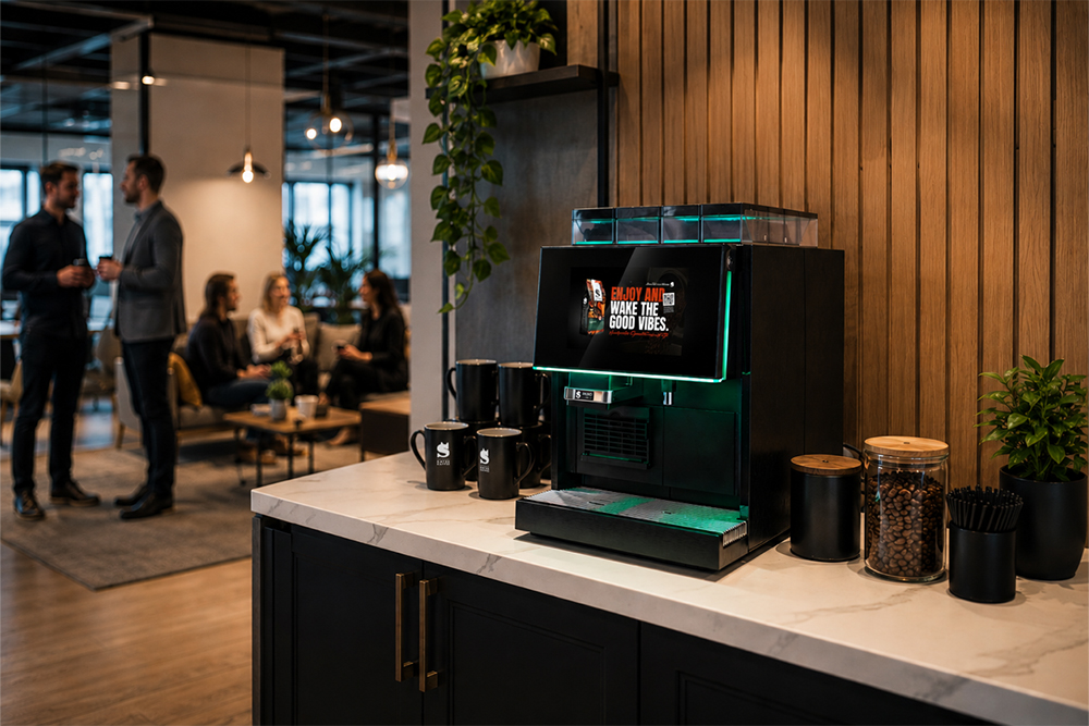 Barista NERO Kaffeemaschine im Büro mit Mitarbeitern im Hintergrund